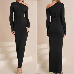 ☔️🩵⏭️NWT Black Ruched Bodycon One Shoulder Long Sleeve Dress Small